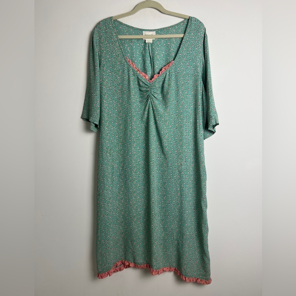Vintage Zoe Size Large Green Pink Ditsy‎ Floral Sweetheart Neckline Crepe Dress